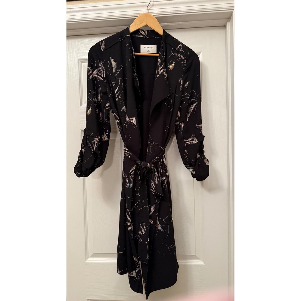 Babaton Wrap Dress Womens Small Black Floral Roll Tab Sleeve Trench Style Belted